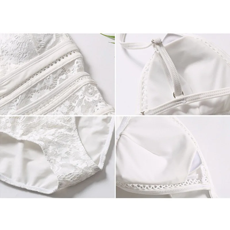 Woman Sexy Mesh Lace Bikini Set Slim Solid Color Sling Strap One-Piece Halter Bikini High Waist Swimsuit Swimwear Beach Suit