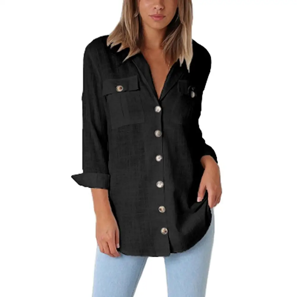 2018 осенне зимняя блузка женская мода сплошного цвета с кнопками топы длинными