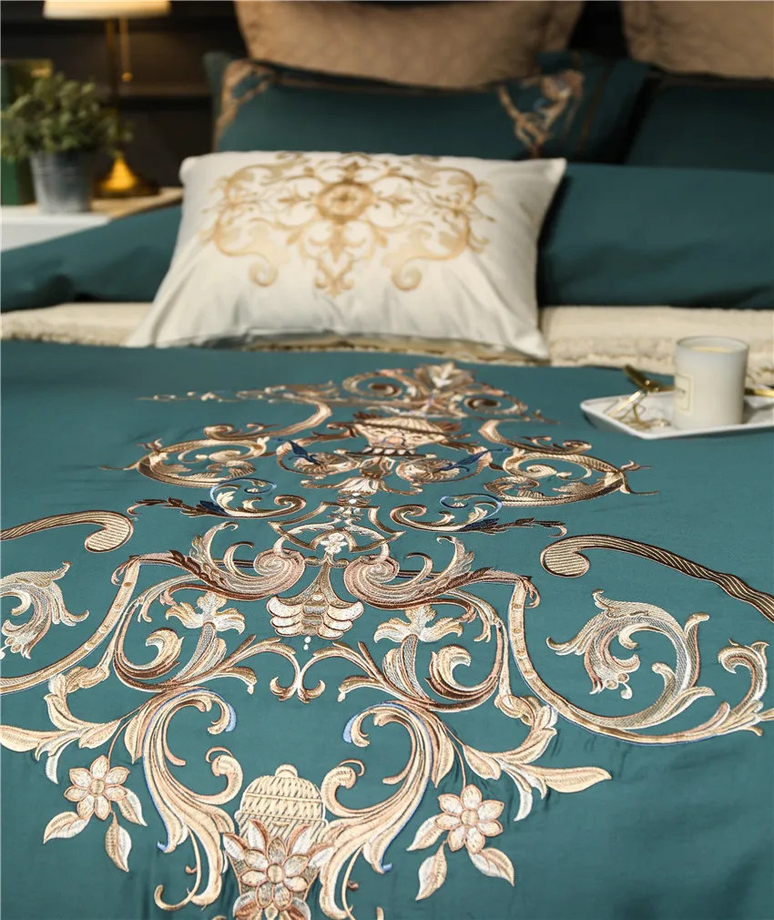 Зеленый Роскошный Королевский Постельное белье queen King size 4/5/7 шт набор постельного белья нежная вышивка пододеяльник льняные простыни для кровати, наволочками, Комплект постельного белья для очень больших и