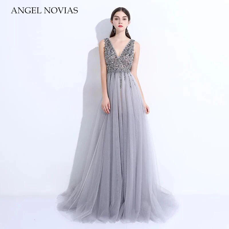 Женское длинное вечернее платье ANGEL NOVIAS серое с открытой спиной весна 2020 | Свадьбы