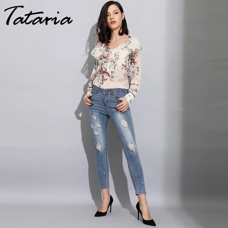 Tataria, джинсовые обтягивающие рваные джинсы, женские Узкие рваные джинсы с дырками для женщин, рваные Стрейчевые винтажные джинсы, женские рваные летние джинсы