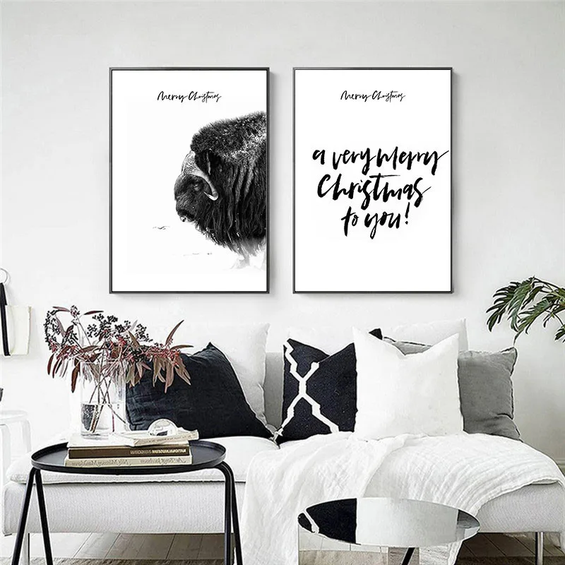 Nordic Home Wall Art Decor Canvas Painting Yak Animal Letter Print Living Room Picture Christmas | Дом и сад
