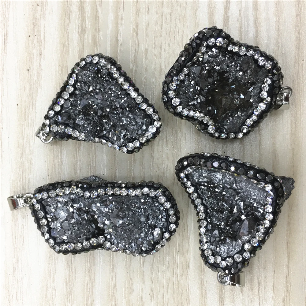 gray Rhinestone Irregular Natural Stone Pendants Pendulum Crystal Druzys Drusy Pendants Sparkling Pendant Necklace for Jewelry Making - Окраска металла: gray