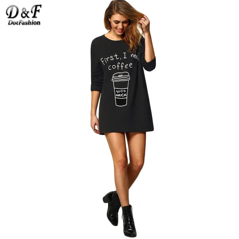 Dotfashion, черный, круглый вырез, длинный рукав, принт кофе, длинные футболки, Женские повседневные топы, новинка, стильная свободная футболка