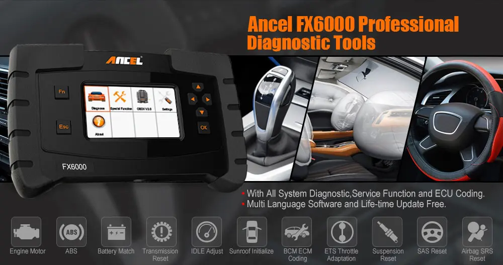 Ancel FX6000 OBD2 автомобильный сканер полная система диагностический инструмент для автомобиля EPB SAS ABS подушка безопасности при сканировании инструмент стирания ошибок в полировке