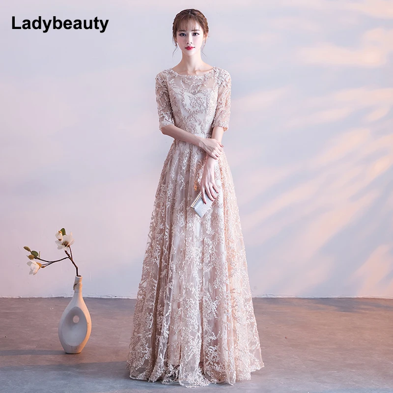 Женское вечернее платье Ladybeauty черное кружевное большого размера с о-вырезом 2018 |