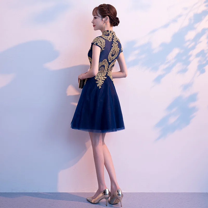 Темно синие Китайские Восточные Короткие вечерние женские свадебные платья