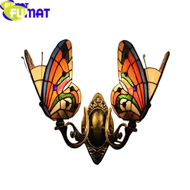 

FUMAT Stained Glass Wall Lamp Tiffany LED Butterfly 2 Arms Wall Sconce Light Fixture Art Lamps Mirror light home deco Wall Lamp