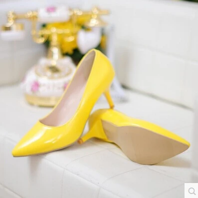 Yellow Бренд "Qin kuan" модные женские туфли с острым носком Лакированная кожа женские туфли на высоком каблуке женские туфли-лодочки размера плюс 31-43 и выше, женская тонкая обувь на шпильках - Цвет: Yellow