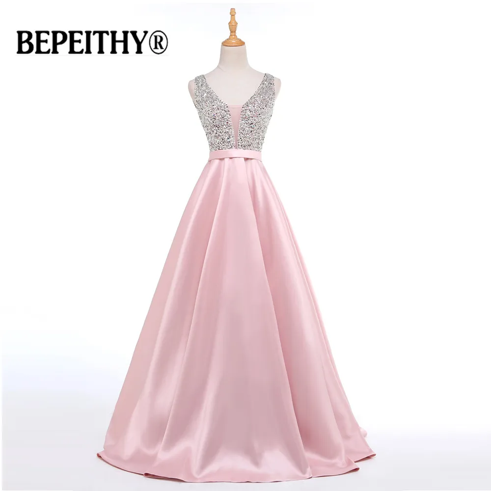 Настоящее фото Beadings лиф длинное вечернее платье с открытой спиной яркий сатин на