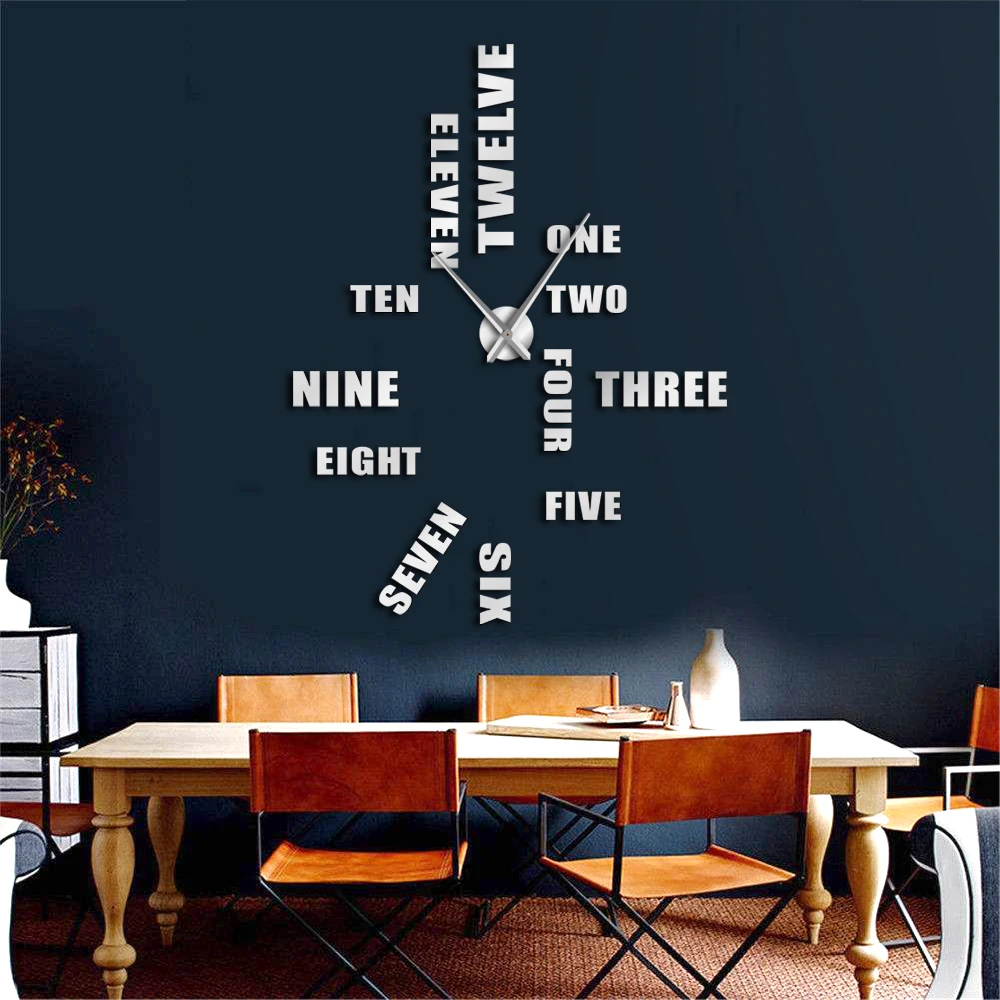 

DIY English Letter Number Wall Clock Modern Design 3D Sticker Frameless DIY Giant Wall Clock Simple Quiet Sweep Wall Watch Decor