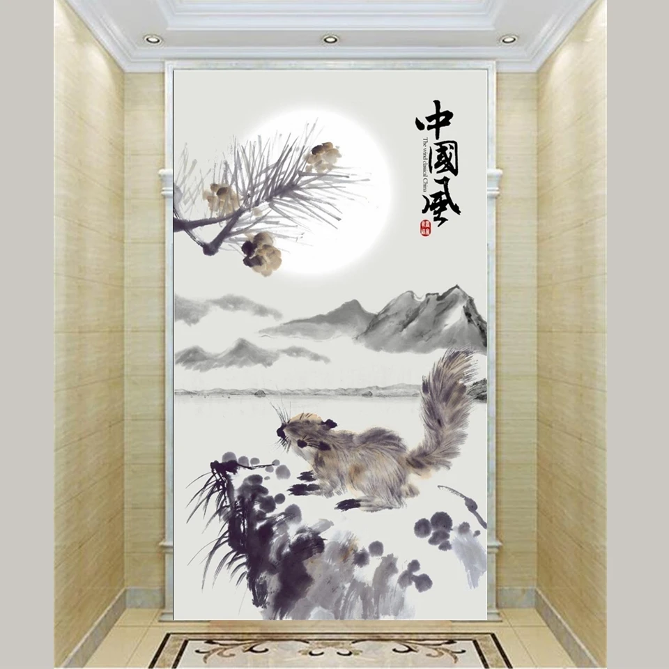 Custom 3d photo wallpaper porch entrance room mural Chinese style ink squirrel painting sofa background wall non-woven sticker |