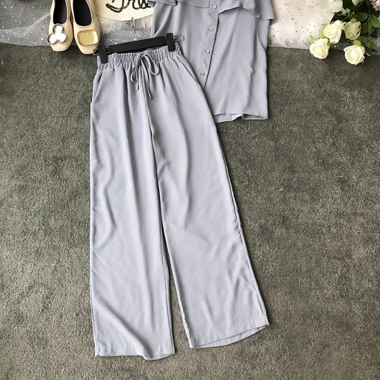 ALPHALMODA/ летний однобортный Топ с оборками+ широкие брюки, Женский повседневный комплект из 2 предметов, женские летние однотонные штаны, костюмы