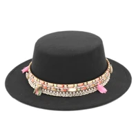 mistdawn fashion womens boater sailor hat pork pie hat wool blend ladies church bowler cap tassel pink bradied ribbon