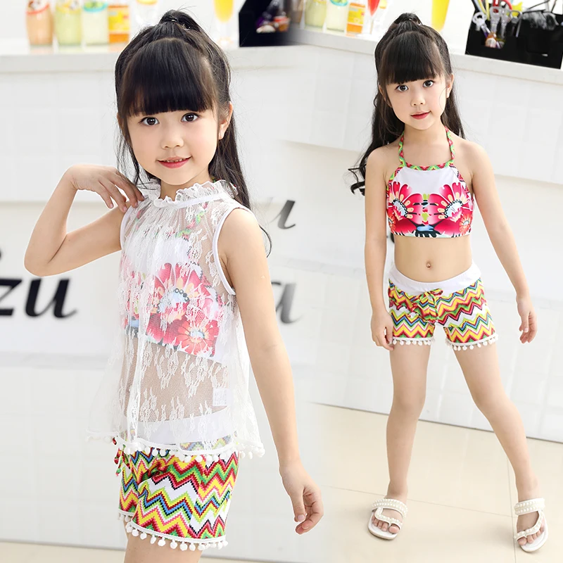High waist Children's Two-Piece Suits White lace cover-ups 2018 new Girls swimsuit Beach cute print swimwear |