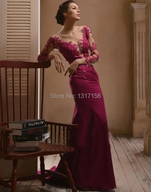 see through New Arrival Long Sleeve Sheer Back Mermaid Formal Evening Dresses Fuchsia Sweep Train Vestido de noche 2014 | Свадьбы и