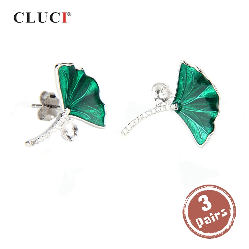 

CLUCI 3 pair wholesale 925 Sterling Silver Leaf Earrings Jewelry Pearl Earring Mounting Silver 925 Green Stud Earrings SE040SB