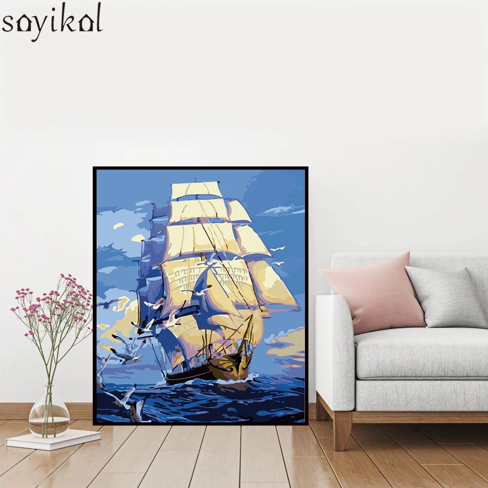 Цифровая DIY картина по номерам рамка красный парусник морской пейзаж украшение