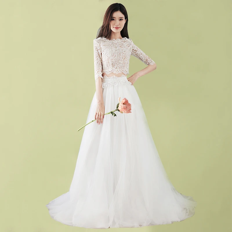 

SHAMAI Two Pieces Wedding Dresses 2020 Korea Fashion Bride Dress Half Sleeves Wedding Gowns Custom Make Vestidos De Noiva