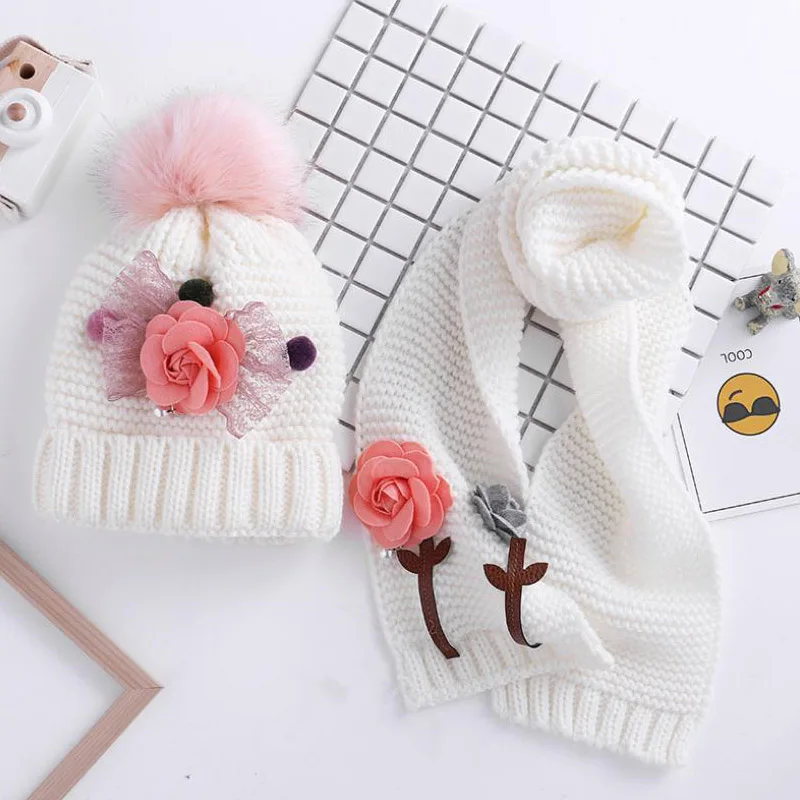 Doitbest/комплекты hailball beanies с цветочным принтом для детей от 3 до 8 лет, бархатные шерстяные вязаные меховые шапки для мальчиков, зимний комплект из 2 предметов, шарф и шапка для маленьких девочек