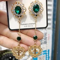 new vintage green stone long earrings fashion cross heart drop earrings for women temperament party accessoires