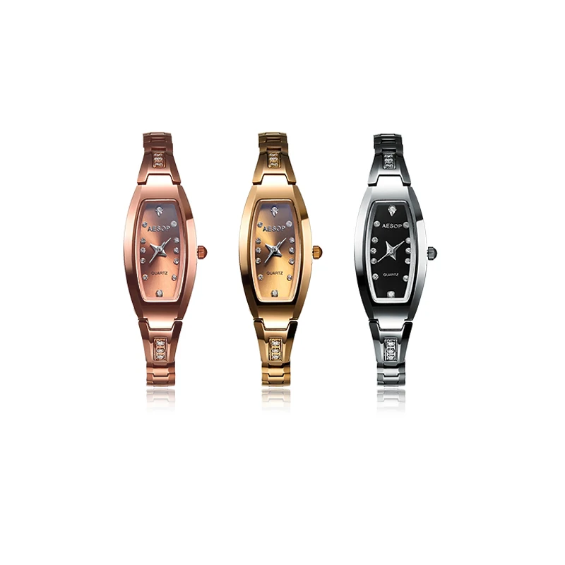 Женские стальные часы AESOP роскошные Серебристые черные с бриллиантом|Кварцевые