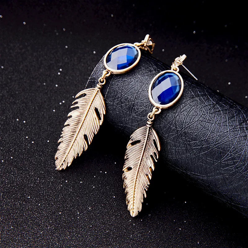 Nihaojewelry Retro Natural Stone Feather Pendant Earrings Gold Silver Color Alloy Fashion Jewelry for Woman |