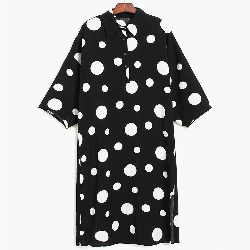 

PERHAPS U Black White Dot Turn Down Collar Button Loose 3/4 Sleeve Midi Dress Summer D0515