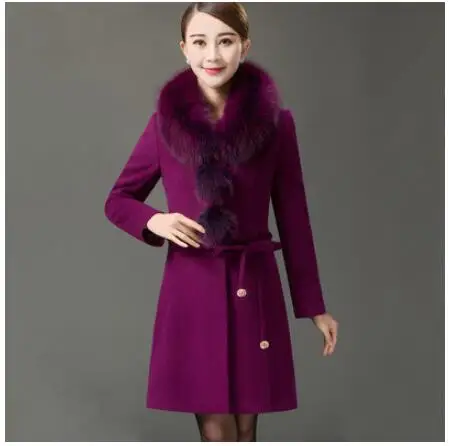 purple На осень-зиму женская новая модная куртка с большим меховым воротником, длинное однобортное шерстяной кашемир пальто леди большие размеры на шнуровке шерстяное зимнее пальто - Цвет: purple