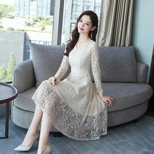 Autumn Summer Dress White Women Vintage Lace Dresses Elegant Ropa Mujer 3XL Ladies Party A-line Hollow Out OL Vestido DJ5 | Женская