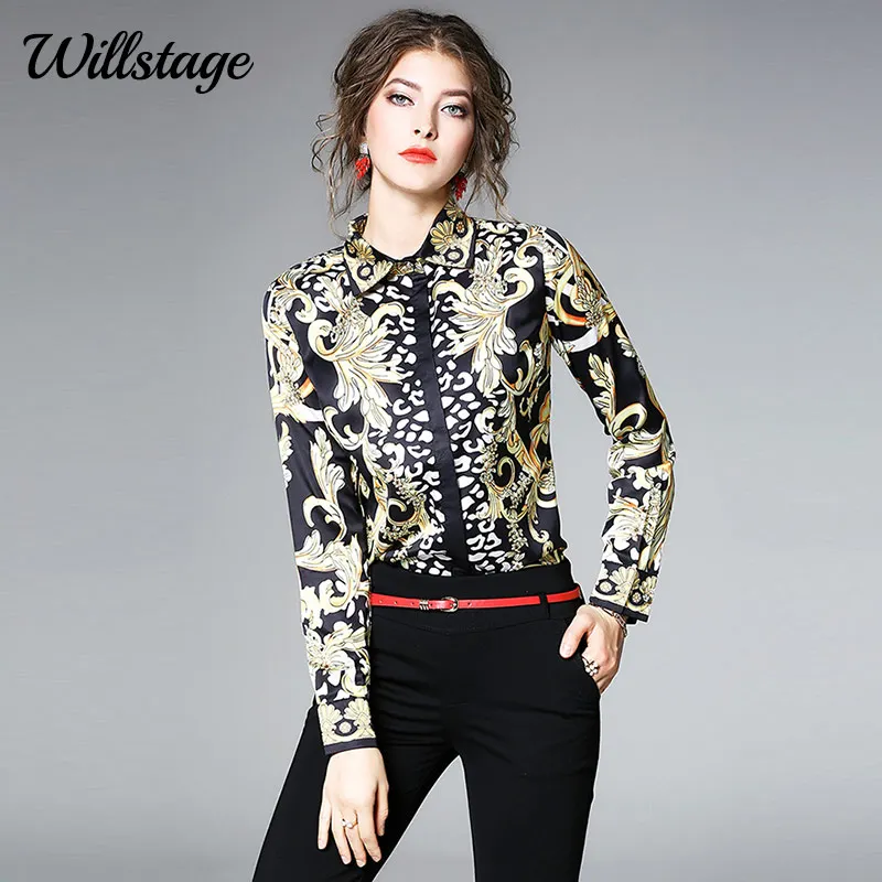 Willstage Модные осенние Рубашки женские шифоновые блузки новые роскошные золотые цветочные принты OL женские Топы Ретро винтажная Рабочая одежда