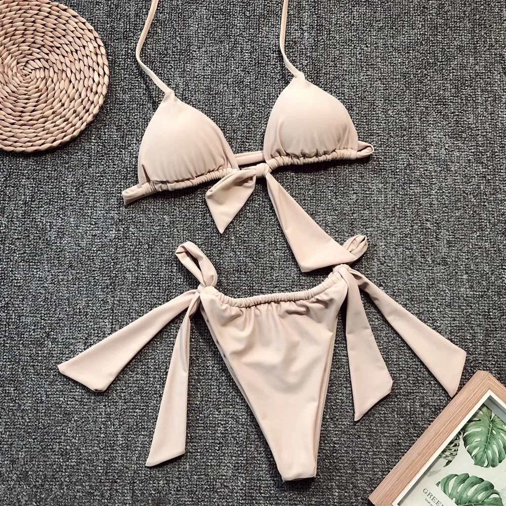 beige AIUJXK, Новое поступление, сексуальное летнее бикини, женское нижнее белье, пляжный стиль, на шнуровке, неоновый бюстгальтер и трусики, комплект женского нижнего белья - Цвет: beige