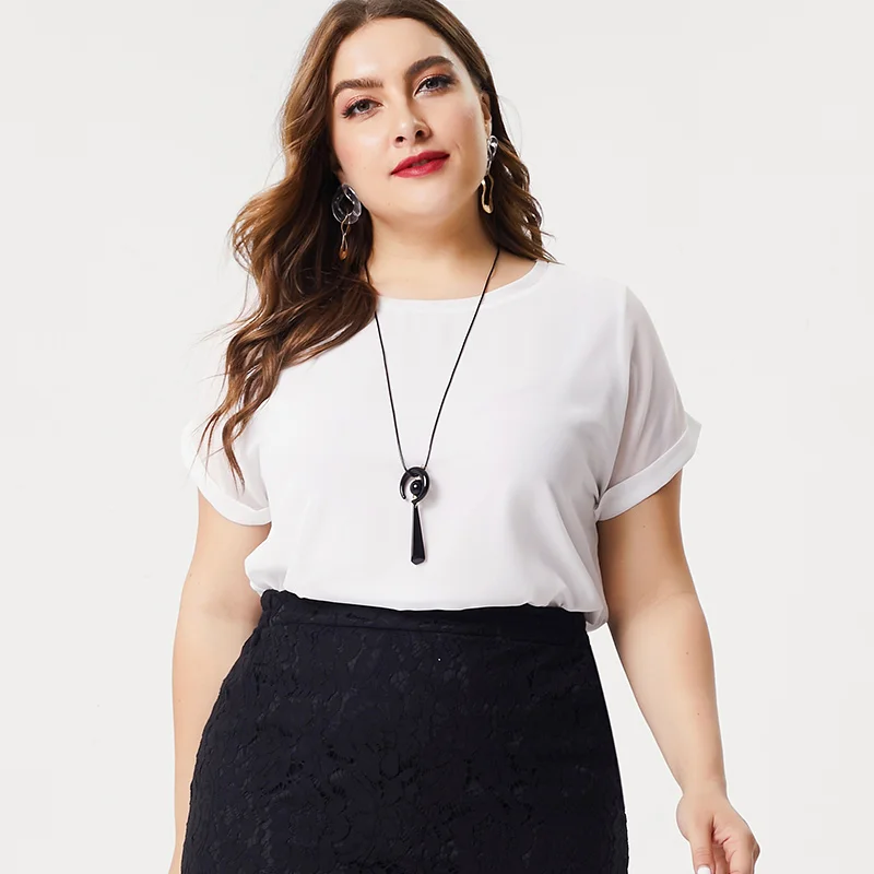 2019 summer new large size women's elegant O-neck short-sleeved chiffon solid color blouse slimming thin wild |