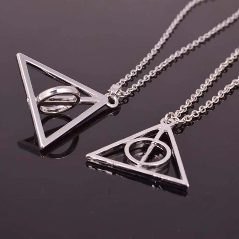 

Brand New Deathly Hallows Stainless Steel Triangle Circle Necklace Rotatable Harry Metal Pendant Movie Jewelry