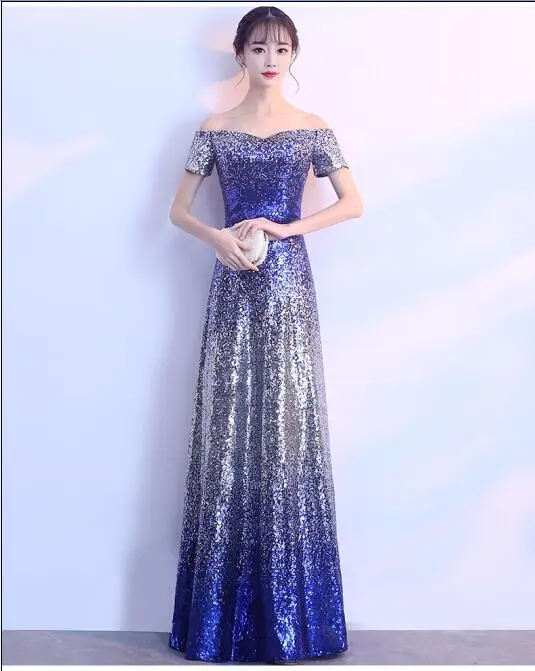 

Fashion Blue Sequins Gradient Color Long Dress Evening Birthday Celebrate Dress Women Singer Sexy One-piece Sparkly Dress