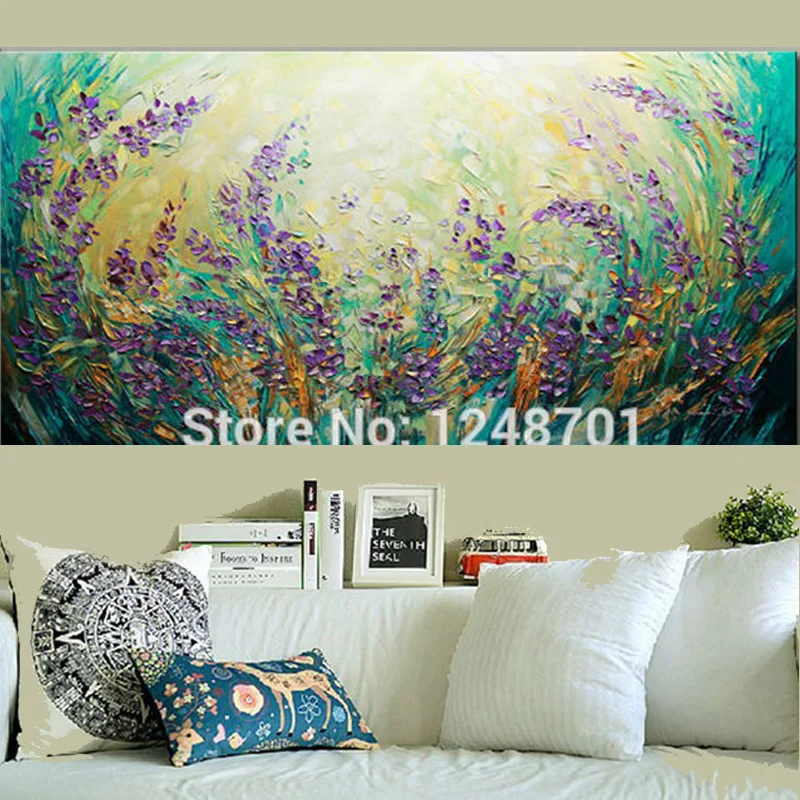 Большой размер Ручная роспись пейзаж фиолетовые цветы абстрактная картина