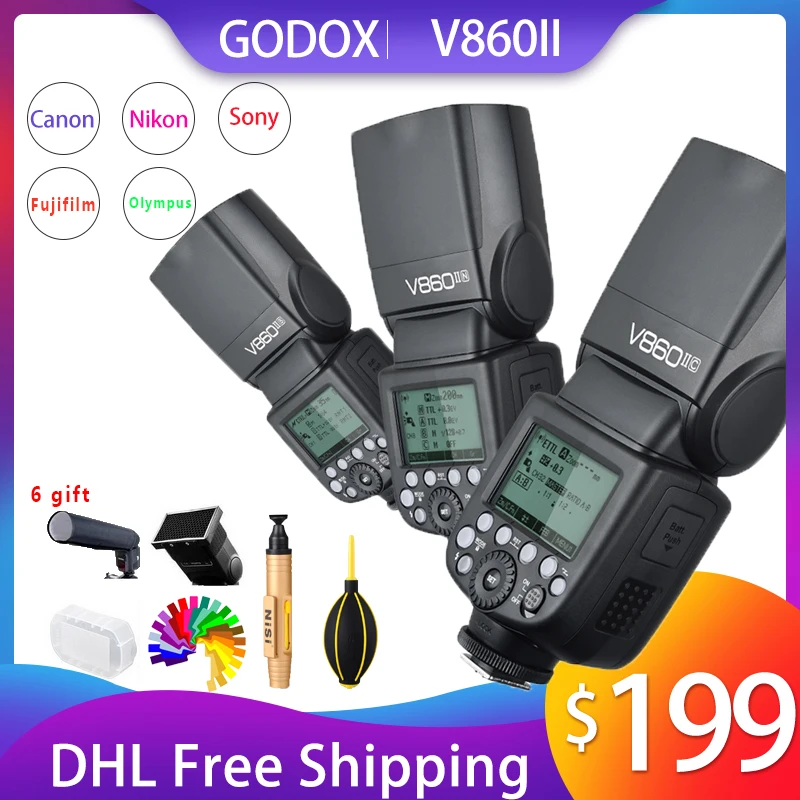 Вспышка Godox V860II GN60 HSS TTL вспышка для камеры Canon Nikon Sony Olympus Fujifilm|Фотовспышки| |