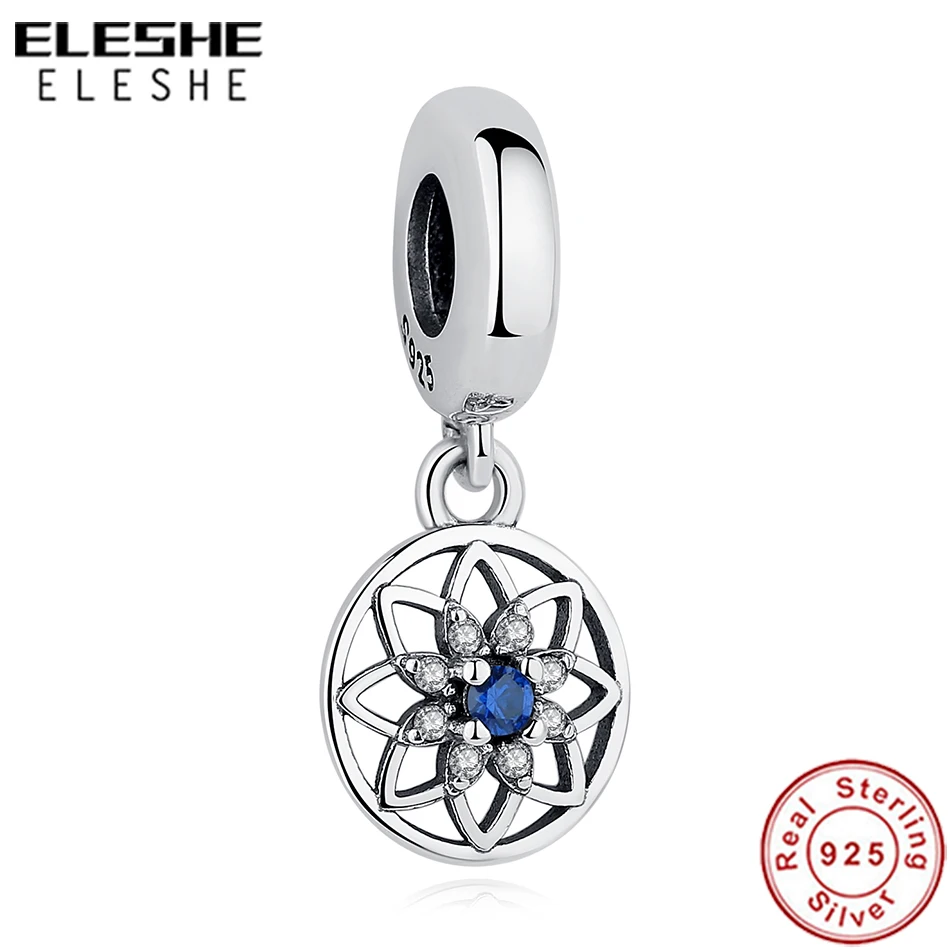 

ELESHE, винтажный 925 пробы, серебряный, синий, прозрачный, CZ, Хрустальный цветок, Висячие Подвески, подходит для оригинального браслета, DIY, бусы, ...