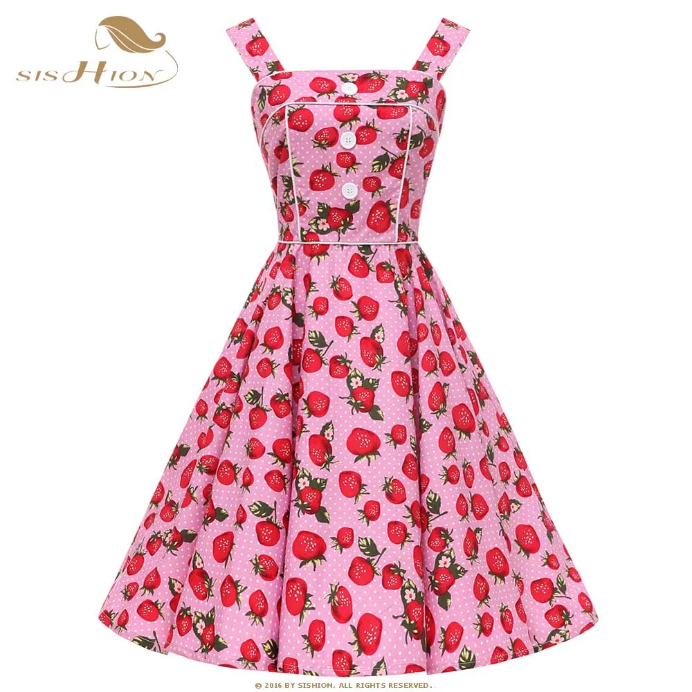 

SISHION Vintage Dress Summer Backless Sexy Button Decoration Large Swing Pink Blue Strawberry Print Polka Dot Dresses VD0761