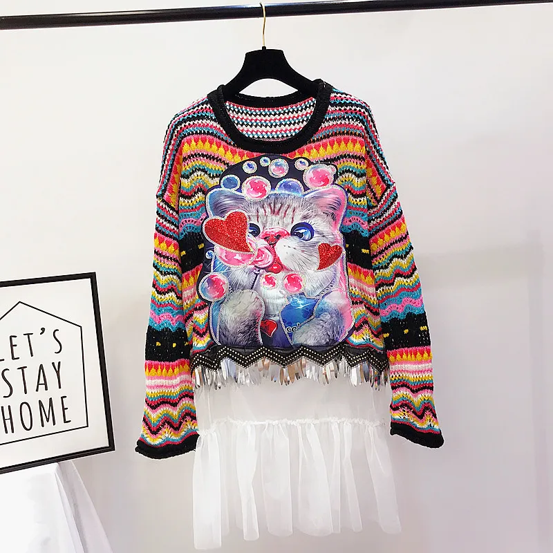 2018 Новинка осени приходят трикотажные красочные полосы сетки лоскутное кошка