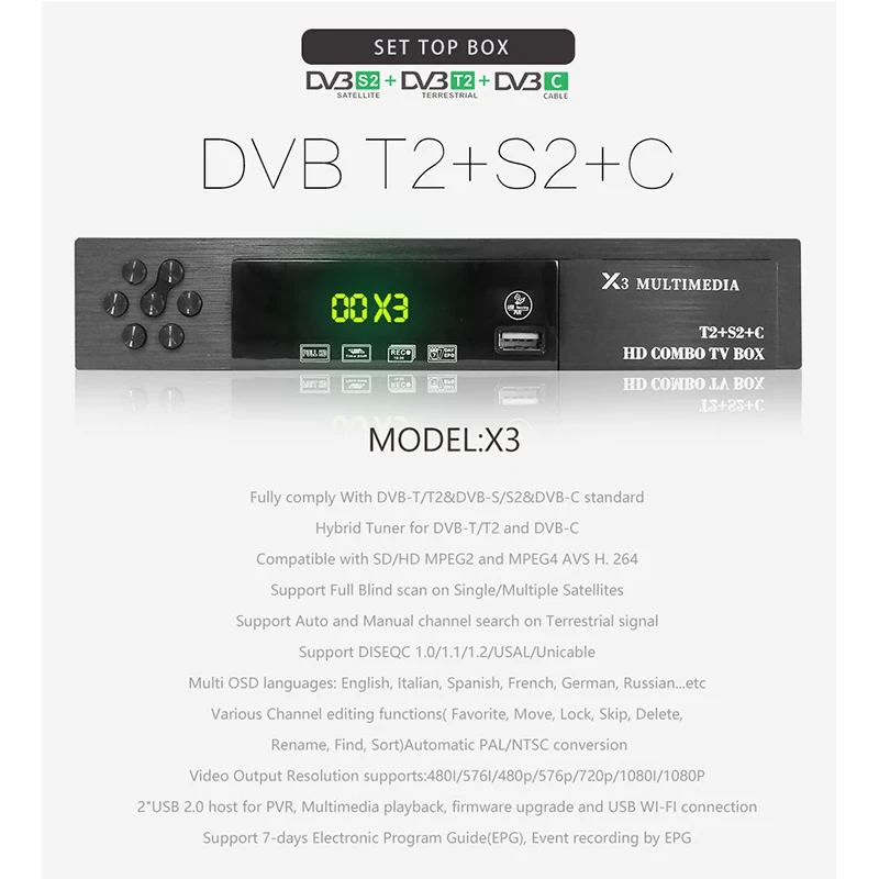 HD Digital DVBT2 DVBS2 DVBC Three In One TV Receiver Support AC3 CCCAM IPTV BOX H.264 MPEG 2/4 1080p Satellite Receiver|Спутниковое ТВ|