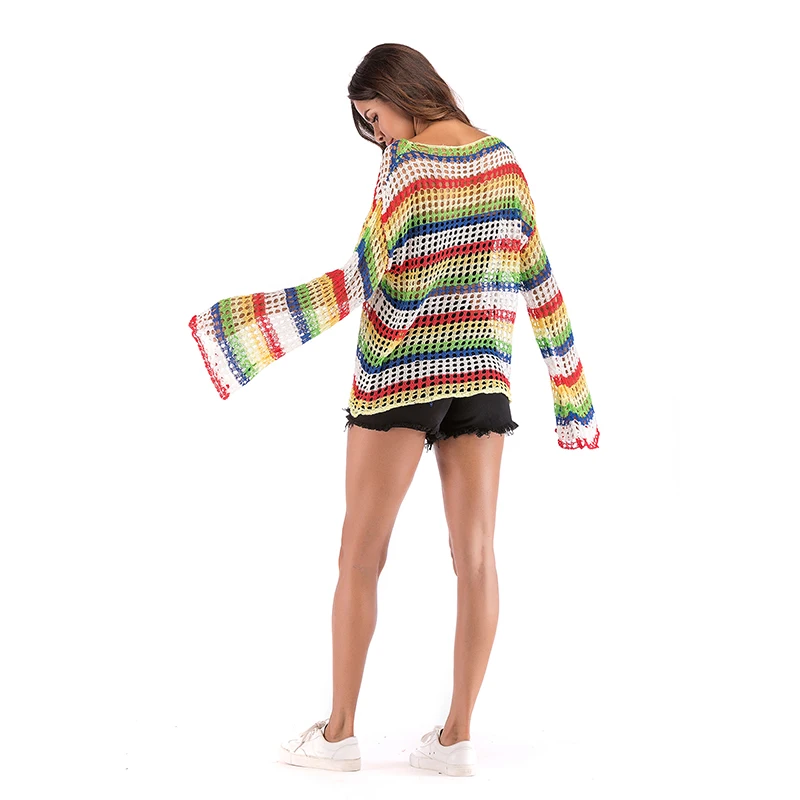 Thin Rainbow Stripe Knit Top Spring Fashion Contrast Openwork Tops Women Loose Pullover | Женская одежда