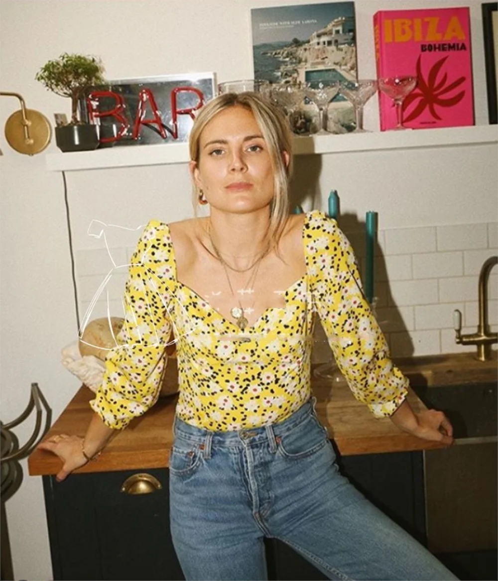 Boho элегантная Цветочная блузка женские топы летние винтажные квадратные Воротник Желтые Женские рубашки Корейская одежда уличная blusas