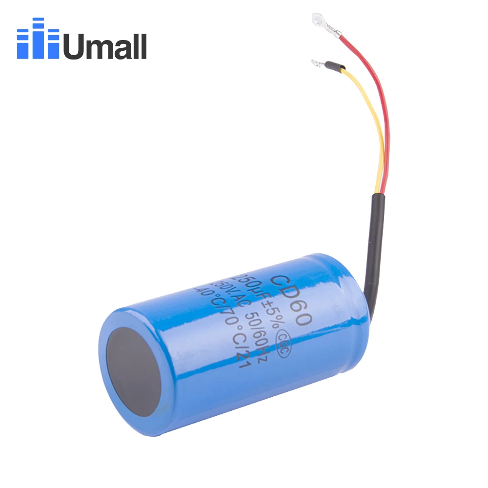 CD60 250 мкФ 250V AC пусковой конденсатор для сверхмощного электрического двигателя Воздушный компрессор красный желтый два провода