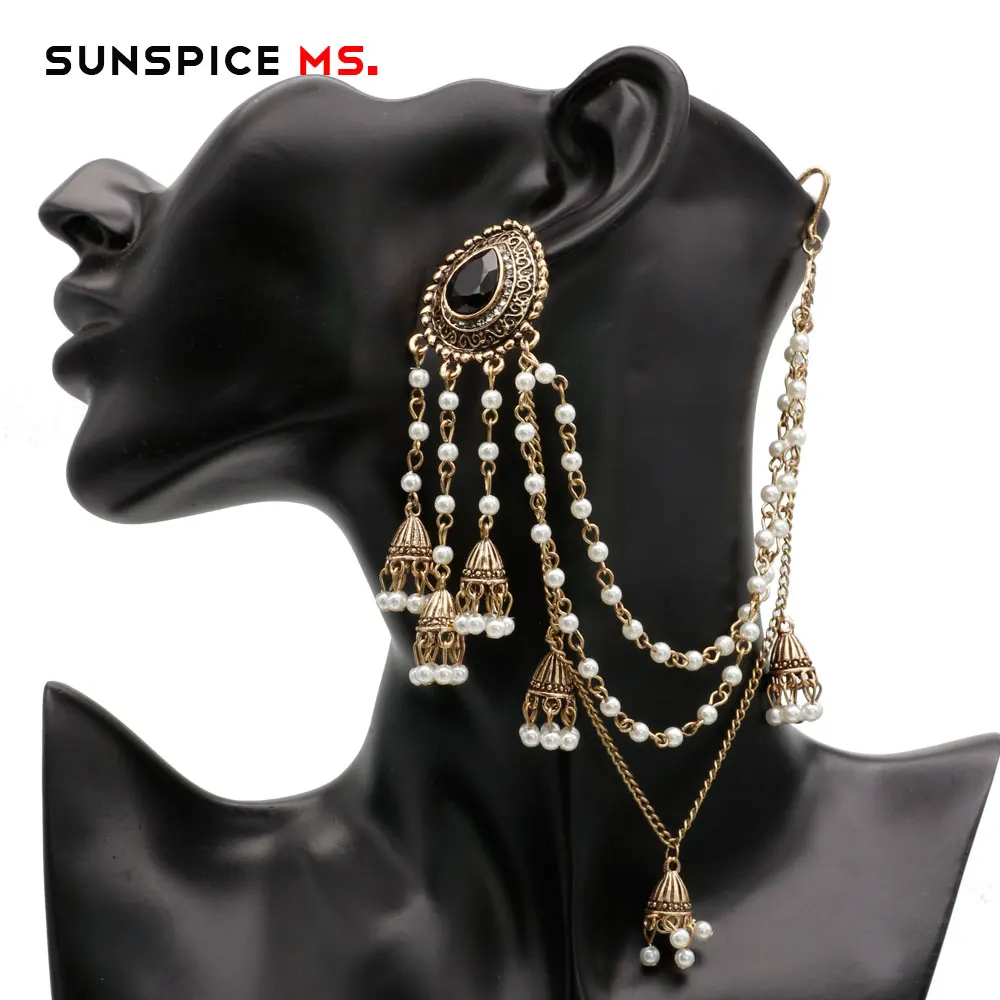 LL095black-left SUNSPICE, MS, индийские ювелирные изделия, серьги, звено, головной убор для женщин, античное золото, жемчуг, кисточки, серьги, кристалл, винтажные свадебные аксессуары - Окраска металла: LL095black-left
