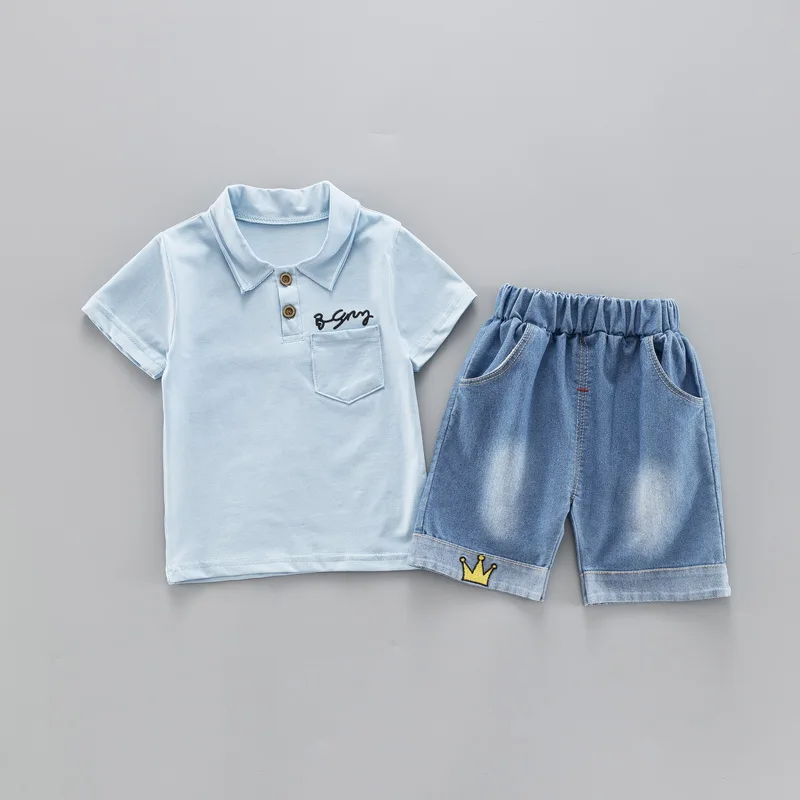 Cotton Toddler Baby Boy Turn-down Collar T-shirt Clothes Sets Summer Crown Jeans Short Children Clothing Costume for Kids Suits |