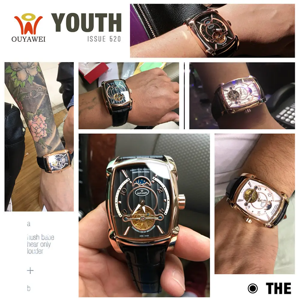 Мужские часы с автоматическим турбийоном деловые повседневные наручные кожаной