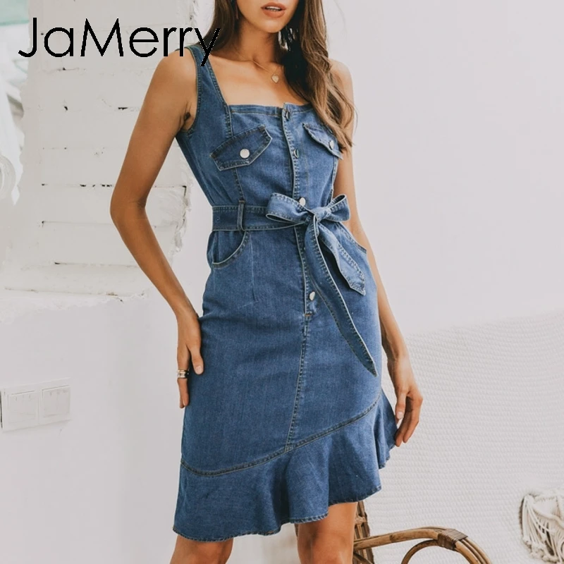 JaMerry винтажное повседневное облегающее синее женское джинсовое летнее платье