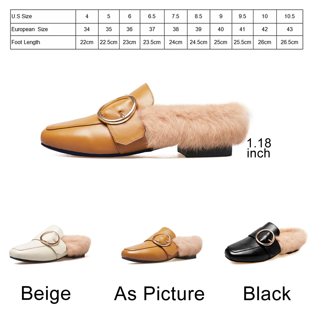 

FOREADA Women Flats Genuine Leather Mules Shoes Winter Rabbit Fur Flats Slippers Buckle Handmade Leather Slides Female Footwear