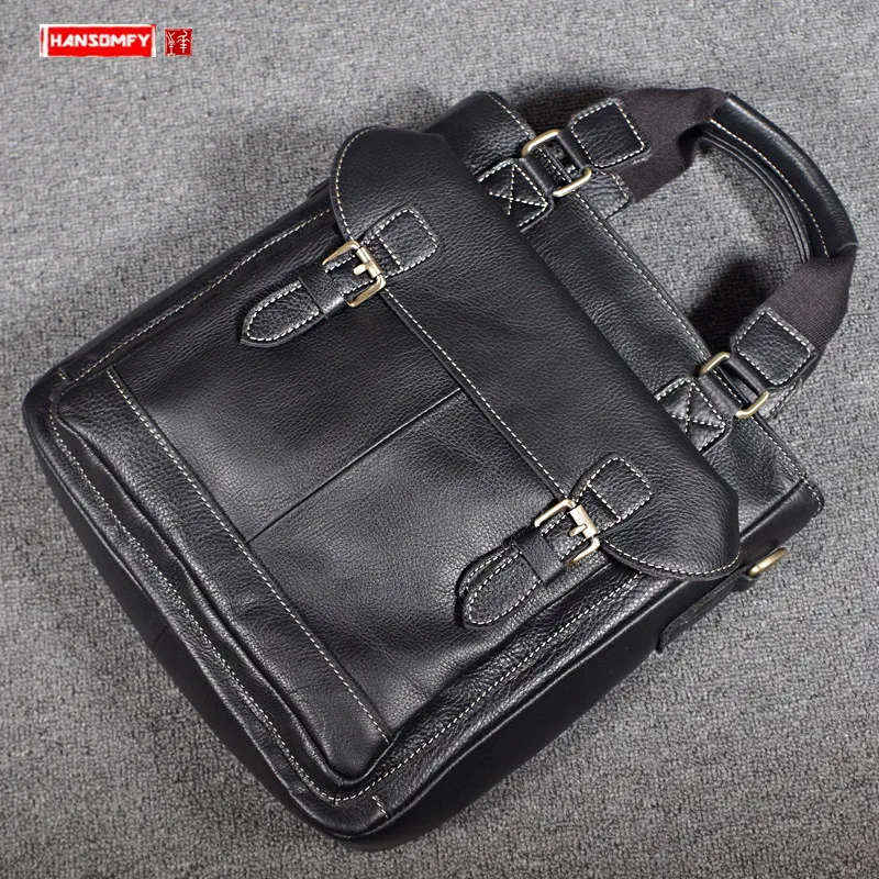 Genuine Leather men's handbag business large capacity casual male shoulder slung bag vertical black leather men crossbody bags